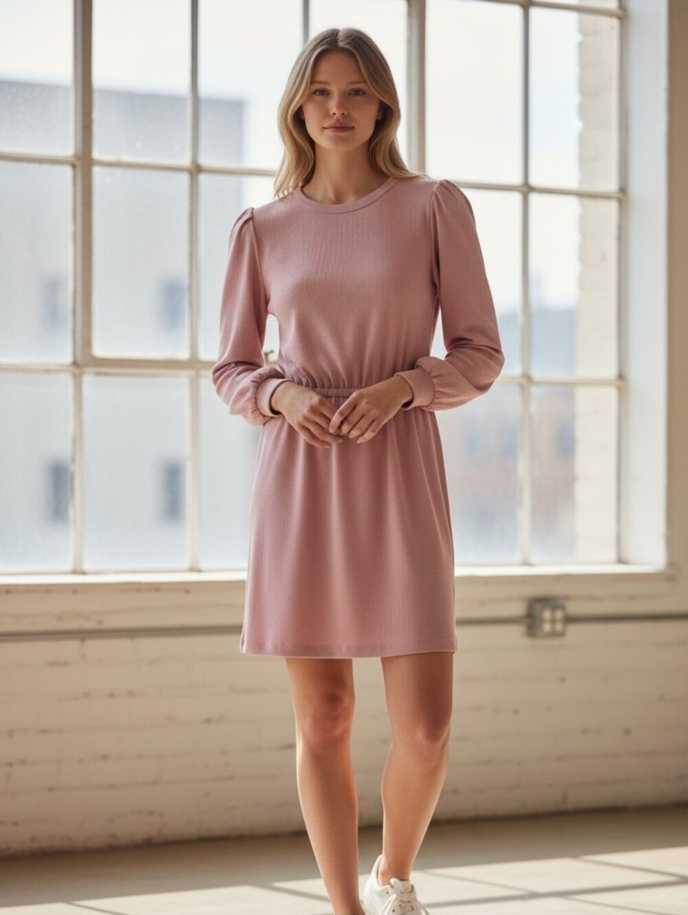 Nine West Mauve Long Sleeve Elastic-Waist Knit Dress
